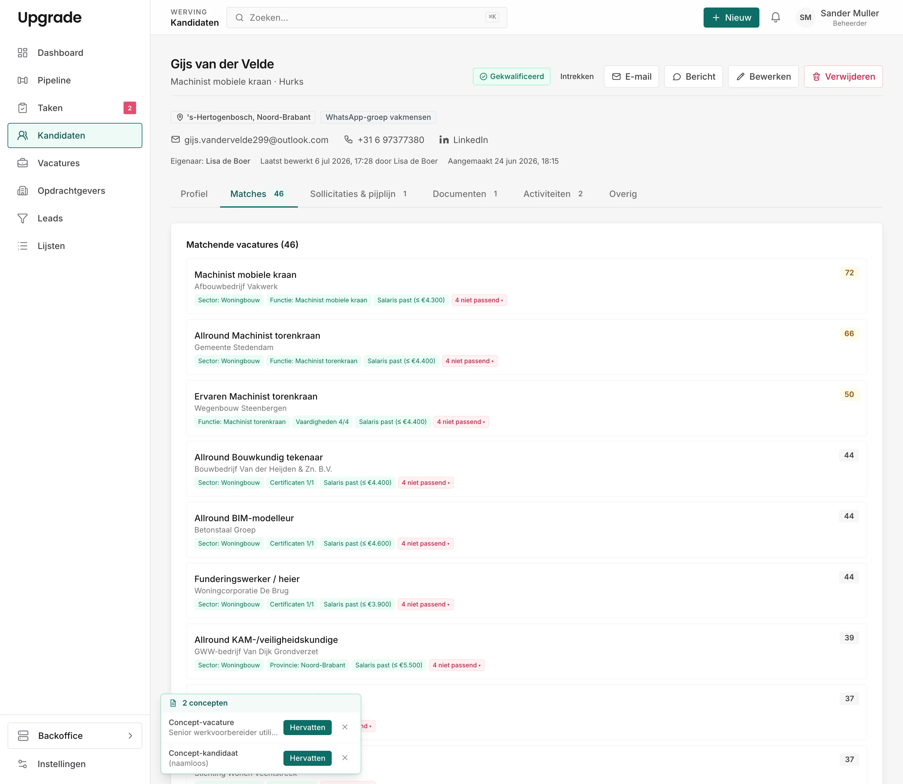 Close-up van AI-matching: matchende vacatures per kandidaat met score en de redenen waarom het past of niet